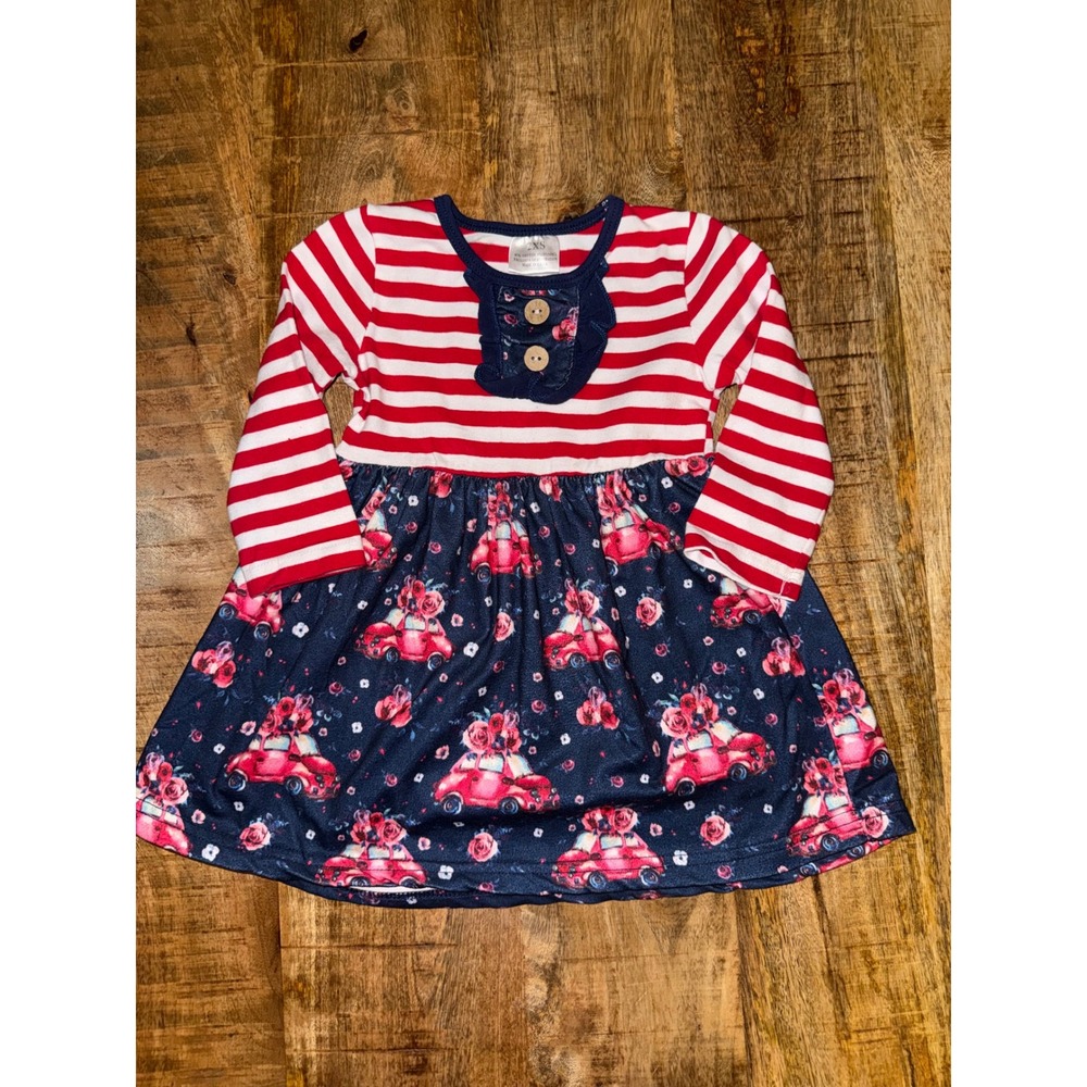 Boutique Girls Red White Striped Navy Floral Truck Long Sleeve Dress 2XS